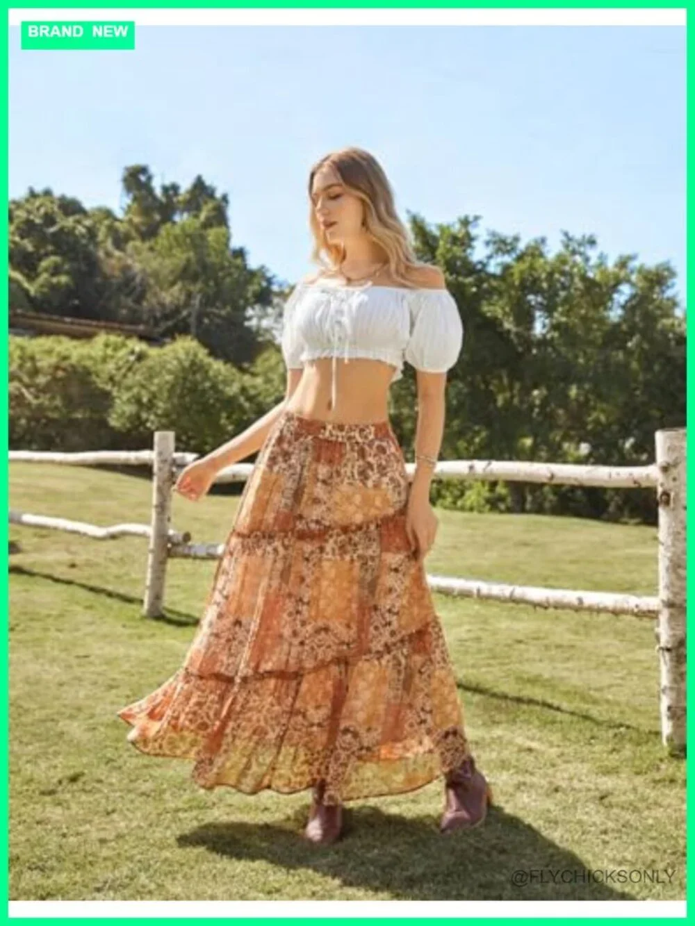 Tiered Flowy Maxi Skirt with Pockets Elastic Waist Boho